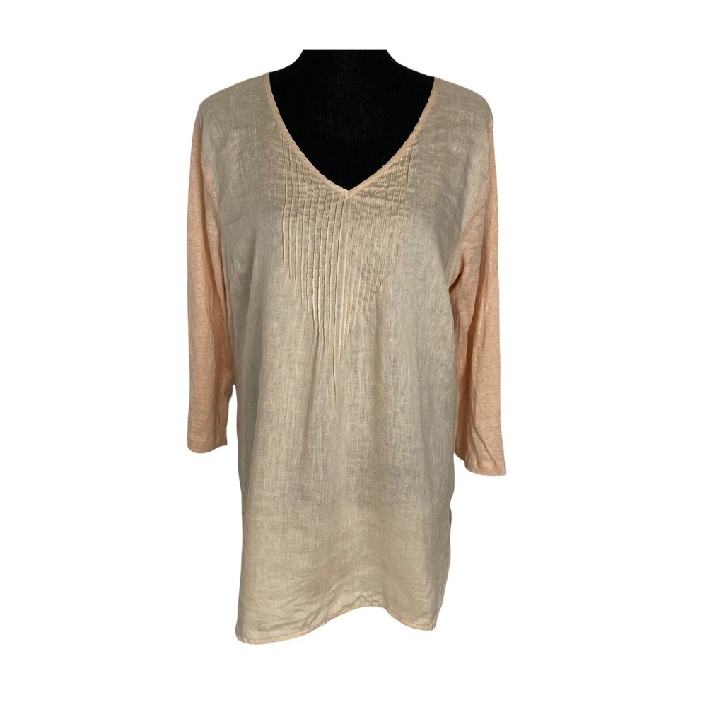 J.Jill‎ Tunic Womens L Tall Peach Love Linen V-Neck Pintuck 3/4 Sleeve Top